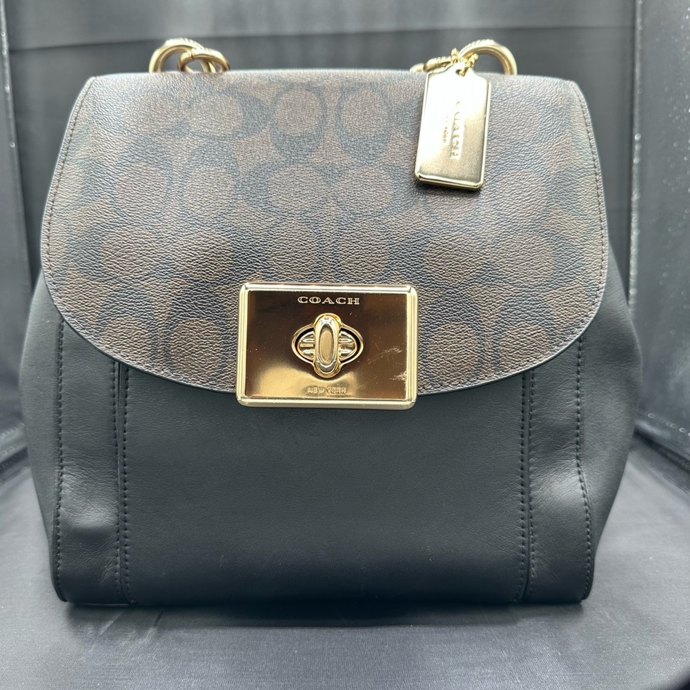 Coach Black and Brown Leather Backpack with Gold Hardware